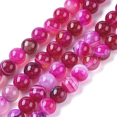 Fili di agata naturale a strisce / fili di agata legati, tinti e riscaldato, tondo, rosa caldo, 6mm, Foro: 1 mm, circa 63pcs/filo, 14.57 pollice (37 cm)