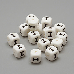 Umweltfreundliche Silikonperlen in Lebensmittelqualität, Briefstil, Würfel, weiß, 12x12x12 mm, Bohrung: 2 mm