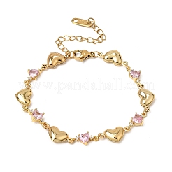 Bracciali a catena a maglie a cuore in acciaio inossidabile 304 con pavé di zirconi rosa.&nbsp;SA-CBAF6AD-11G