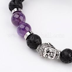 Pulseras elásticas de cuentas de roca de lava natural&nbsp;BJEW-JB02273-03