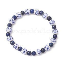 Bracelets extensibles en porcelaine imprimée de fleurs faites à la main et en perles de lapis-lazuli naturelles teintes pour hommes et femmes&nbsp;BJEW-JB12101