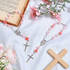 2 Stück Rosenkranz-Anhänger mit Jungfrauenkreuz aus Legierung und synthetischer Korallenrose zur Autodekoration&nbsp;HJEW-SC0003-43