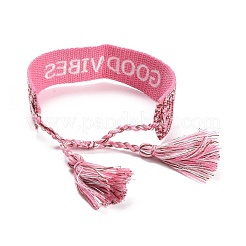 Word Good Vibes geflochtenes Armband aus Polycotton (Polyester-Baumwolle) mit Quastenanhänger&nbsp;LS-BJEW-F429-02