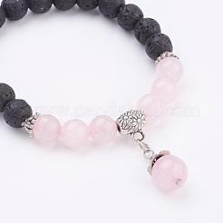 Bracciali con ciondoli in pietra lavica naturale e quarzo rosa&nbsp;BJEW-P180-D09