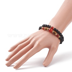 2pcs 2 style roche de lave synthétique et cornaline d'agate rouge naturelle (teinte et chauffée) et ensemble de bracelets extensibles en perles d'oeil de tigre&nbsp;BJEW-JB08698