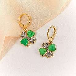 Trèfle à quatre feuilles boucles d'oreilles alliage huggie boucles d'oreilles vert trèfle boucles d'oreilles strass boucles d'oreilles st patrick's day oreille bijoux cadeau pour les femmes&nbsp;JE1083A