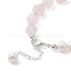 Braccialetto di fascino del cuore di quarzo rosa naturale con catene di perline di perle naturali per le donne&nbsp;BJEW-TA00255-02