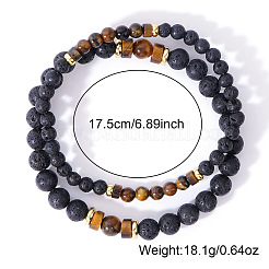 2 Stück Stretch-Armband-Set aus natürlichem gelbem Tigerauge und Lavastein mit runden Perlen für Männer und Frauen&nbsp;LM4731
