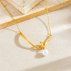 Collares con colgante redondo de perla de imitación en espiral en forma de V de acero inoxidable 304 para mujer.&nbsp;WGD36F5-01