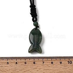Halskette mit Fischanhänger aus natürlichem Moosachat und schwarzer Nylonschnur&nbsp;NJEW-G185-01F