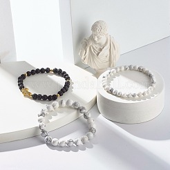 Set di braccialetti elastici con perline rotonde in howlite naturale e roccia lavica&nbsp;BJEW-JB06982-02