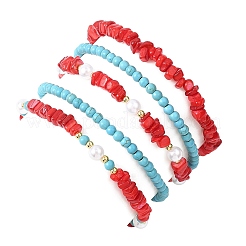 5 bracciale elastico in 5 stili con conchiglia d'acqua dolce naturale e turchese sintetico&nbsp;BJEW-JB12704