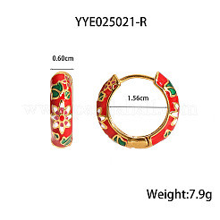 Anello cinese retrò in acciaio inossidabile 304 smaltato con orecchini a cerchio con motivo floreale&nbsp;BB7359-1