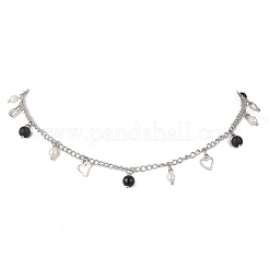 Colliers en agate noire naturelle (teinte et chauffée) et perle naturelle et chaîne gourmette en acier inoxydable 304 avec pompon en forme de cœur&nbsp;NJEW-JN05342
