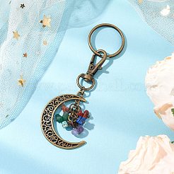 Porte-clés à puce chakra thème lune jaspe rouge naturel & howlite & œil de tigre & cornaline & aventurine verte & lapis lazuli & améthyste&nbsp;KEYC-JKC00963-02