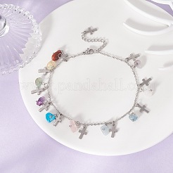 Puces de pierres précieuses mélangées naturelles et synthétiques et bracelet de cheville à breloques croisées&nbsp;AJEW-AN00512-04