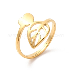 Ionenplattierung (IP) 304 Edelstahl Herz & Blatt verstellbarer Ring für Frauen&nbsp;RJEW-K245-35G