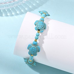 Bracciali elastici da donna e uomo con perline sintetiche turchesi e ottone&nbsp;BJEW-JB13876-02