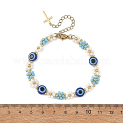 Braccialetti da donna con fiore in resina blu occhio di Allah e perline di vetro.&nbsp;BJEW-MZ00353
