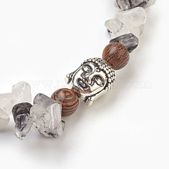 Quarzo tormalinato naturale / quarzo nero rutilato e bracciali elasticizzati in legno perline&nbsp;BJEW-JB03859-03