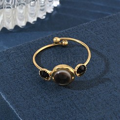 Verstellbare Fingerringe aus schwarzem Muschelweiß für Damen&nbsp;RJEW-A101-01G-03
