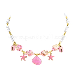 Colgante redondo de latón esmaltado con forma de estrella de mar y perlas de imitación de ABS.&nbsp;KK-CBA4547-04C-G