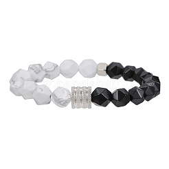 Bracelets extensibles en perles de howlite synthétique polygonale et d'agate noire naturelle&nbsp;WG9FB4D-02