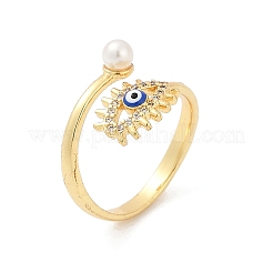 Anelli polsino aperto in ottone con micro pavé di zirconi cubici trasparenti con occhio maligno per le donne. con perle finte in plastica ABS e smalto&nbsp;RJEW-G343-20G