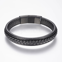 Bracelets en cuir tressé, avec fermoirs magnétiques en 304 acier inoxydable, noir, 8-5/8 pouce (220 mm), 36x13x8mm