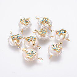 Natural Pearl Links connectors, with Brass Micro Pave Cubic Zirconia Findings, Nuggets with Coconut Tree, Golden, Deep Sky Blue, 21~27x13~16x6~8mm, Hole: 1.6mm