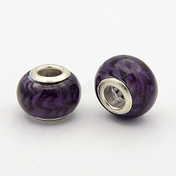 Handmade Lampwork European Large Hole Rondelle Beads, with Silver Plated Brass Double Cores, Indigo, 14~15x9~11mm, Hole: 4~5mm