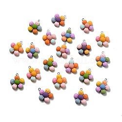 Pendentifs en résine opaque, breloque fleur 5 pétale, avec boucles en fer couleur platine, couleur mixte, 24.5x21.5x7.5mm, Trou: 1.8mm