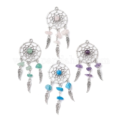 Natural Mixed Gemstone Chip Big Pendants, Woven Web/Net with Wing Alloy Charms, Antique Silver, Mixed Dyed and Undyed, 72x28~29x6.5~7mm, Hole: 2mm