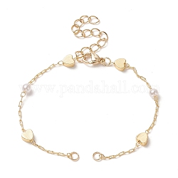 Fabrication de bracelet à maillons coeur en laiton, avec perle imitation perle acrylique et fermoir mousqueton, pour la fabrication de bracelets lien, or, 6-1/8 pouce (15.5 cm)