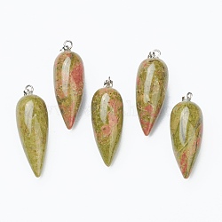 Natural Unakite Pointed Pendants, with Platinum Brass Findings, Bullet, 32~33x12mm, Hole: 2.5x6mm