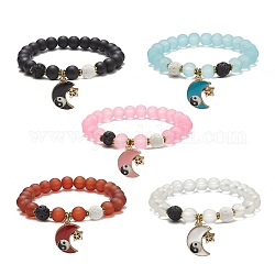 Bracelets extensibles en perles de verre dépoli, lune et étoile en alliage émaillé avec bracelets à breloques yin yang pour femmes, couleur mixte, diamètre intérieur: 2-1/8 pouce (5.3 cm)