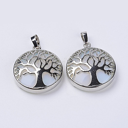 Opalite Pendants, with Platinum Plated Brass Findings, Flat Round with Tree of Life, 31x27x8mm, Hole: 3.5x7mm