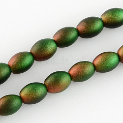 Frosted Spray Painted Rice Glass Bead Strands, Green and Dark Orange, 11x8mm, Hole: 1.5mm, about 72pcs/strand, 30.5inch