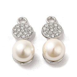 Alliage avec pendentifs en strass, avec abs imitation perle, breloques rondes plates, platine, 23.5x10x10.5mm, Trou: 2.2mm