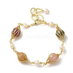Bracelets à maillons ronds en perles naturelles et pierres mélangées, bracelet enveloppé de fil de laiton, véritable 14k plaqué or, 6-1/2 pouce (16.5 cm)