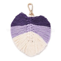 Adornos colgantes de hojas de hilo de algodón de macramé trenzado hechos a mano, con cierre de latón, púrpura, 13.5 cm