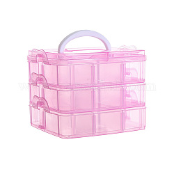 Boîte de rangement en plastique transparent à 3 niveau, boîte de rangement empilable avec séparateurs et poignée, carrée, perle rose, 15x15x12 cm