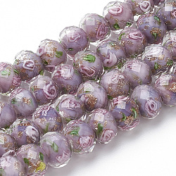 Chapelets de perles vernissées de sable d'or manuels, fleur intérieure, facettes rondelle, support violet, 8x6mm, Trou: 2mm, Environ 70 pcs/chapelet, 17.3 pouce