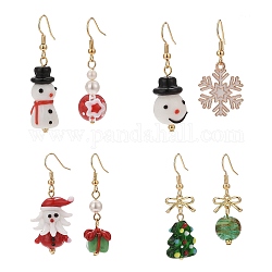 4 Sets 4 Styles Lampwork & Alloy Enamel Dangle Earrings Set, Snowflake & Gift & Christmas Tree & Santa Claus Brass Earrings for Women, Mixed Color, 37~46mm, Pin: 0.9mm, 1 Set/style
