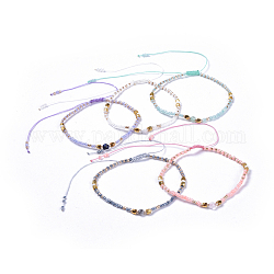 Adjustable Nylon Thread Braided Beads Bracelets, with Glass Seed Beads and Faceted Natural Mixed Stone Round Beads, 2 inch(5.2cm)