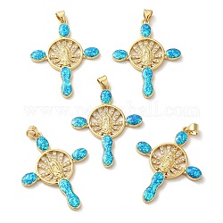 Rack Plating Brass Micro Pave Cubic Zirconia with Synthetic Opal Pendants, with Jump Ring, Lead Free & Cadmium Free, Long-Lasting Plated, Cross with Saint, Real 18K Gold Plated, 39x30.5x3.2mm, Hole: 5x3.4mm
