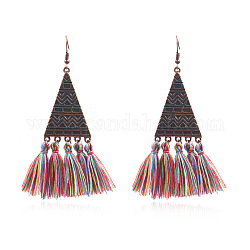 Boucles d'oreilles pendantes en alliage de style eethnique, Avec gland de fil, triangle, cuivre rouge, colorées, 95x28mm
