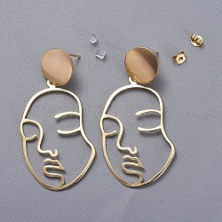Boucles d'oreilles avec pendentif en laiton, avec poussoirs d'oreilles en plastique et poussoirs d'oreilles en laiton, visage, véritable 18k plaqué or, 59~60mm, pin: 0.7 mm