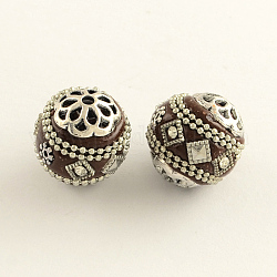 Round Handmade Rhinestone Indonesia Beads, with Antique Silver Plated Alloy Cores, Coconut Brown, 17~19mm, Hole: 2mm