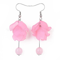 Dangle Earrings, with 304 Stainless Steel Findings, Acrylic Pendants and Natural Rose Quartz, Flower, Pink, 59~63mm, Pendant: 40~44x20x14mm, Pin: 0.7mm